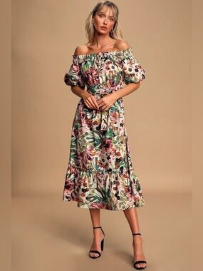 subtle romance beige floral print ruffled midi dress Lulus | Dresses | Xs this piece leans into collection- office to evening Disney Princess Tiana Posable Color:Classic Blue